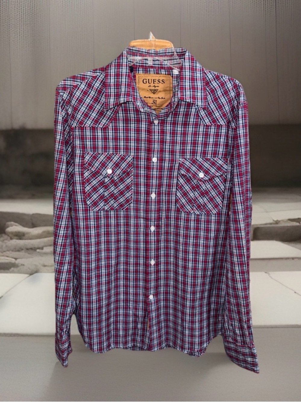 NWT GUESS Men's Western Style Cranberry& Blue Plaid 2 Pocket Button-Down Shirt-S